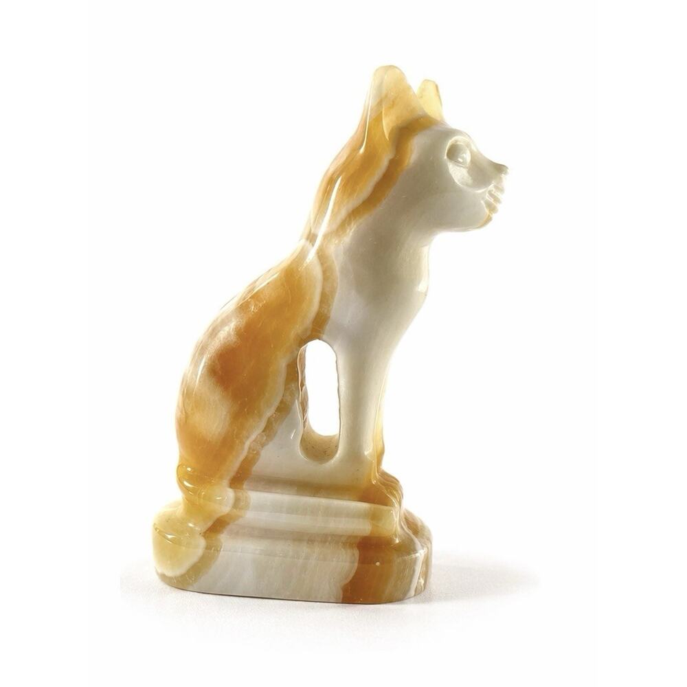 Vintage Banded Onyx Cat Figurine Carved Stone Honey White 5” Decor